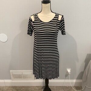 Acemi Black and White Stripped Dress with Off Shoulder Sleeves - Size S